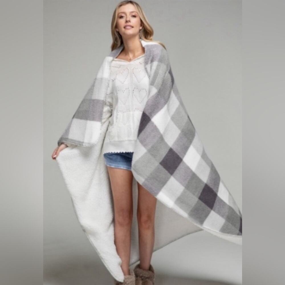 Plush Plaid Sherpa Throw Blanket -Gray New